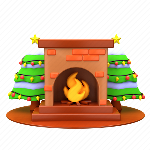 Fireplace, and, christmas, pine, tree, snow, holiday 3D illustration - Download on Iconfinder