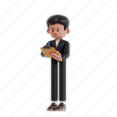 writing, 3d character, 3d illustration, 3d render, 3d businessman, blazer, formal suit, pencil, paper, clipboard, holding, check, control, quality control, note, checking, task, register