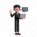 web, development, 3d character, 3d illustration, 3d render, 3d businessman, formal, professional, coding, build, program, system, web developer, software, code, laptop, developer, programmer, script, website