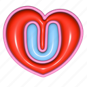 puffy sticker, letter u, u, heart shape, alphabet, typography, 3d