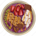 smoothie bowl, purple acai bowl, chocolate, granola, strawberry slices, pumpkin seeds, acai bowl