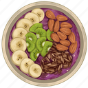 smoothie bowl, purple acai bowl, kiwi slices, banana slices, almonds, acai bowl, dessert