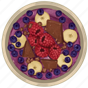 smoothie bowl, purple acai bowl, raspberries, banana slices, blueberries, chocolate, acai bowl
