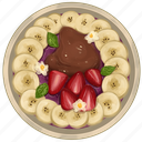 smoothie bowl, purple acai bowl, banana slices, strawberry slices, chocolate, acai bowl, breakfast