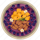 mixed, smoothie bowl, purple acai bowl, ripe mango, blueberries, almonds, acai bowl