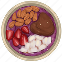 smoothie bowl, purple acai bowl, strawberry slices, coconut, chocolate, acai bowl, almond