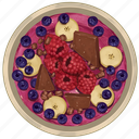 smoothie bowl, raspberry acai bowl, raspberries, banana slices, blueberries, chocolate, acai bowl
