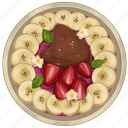 smoothie bowl, raspberry acai bowl, banana slices, strawberry slices, chocolate, acai bowl, breakfast