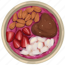 smoothie bowl, raspberry acai bowl, almonds, strawberry slices, coconut, chocolate, acai bowl