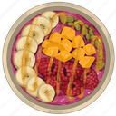 smoothie bowl, raspberry acai bowl, banana slices, raspberries, acai bowl, healthy, breakfast