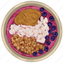 smoothie bowl, raspberry acai bowl, granola, coconut, peanut butter, blueberries, acai bowl