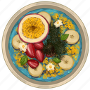 smoothie bowl, blue acai bowl, chia seeds, banana slices, strawberry slices, passion fruit, acai bowl