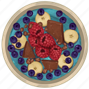 smoothie bowl, blue acai bowl, raspberries, banana slices, blueberries, chocolate, acai bowl