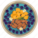 smoothie bowl, blue acai bowl, ripe mango, blueberries, almonds, acai bowl, breakfast