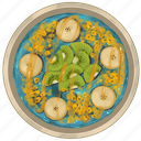 smoothie bowl, blue acai bowl, passion fruit, kiwi slices, banana slices, acai bowl, healthy