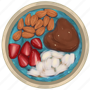 smoothie bowl, blue acai bowl, almonds, strawberry slices, coconut, chocolat acai bowl, breakfast