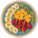 smoothie bowl, blue acai bowl, banana slices, raspberries, ripe mango, pumpkin seeds, acai bowl