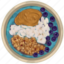 smoothie bowl, blue acai bowl, granola, coconut, peanut butter, blueberries, acai bowl