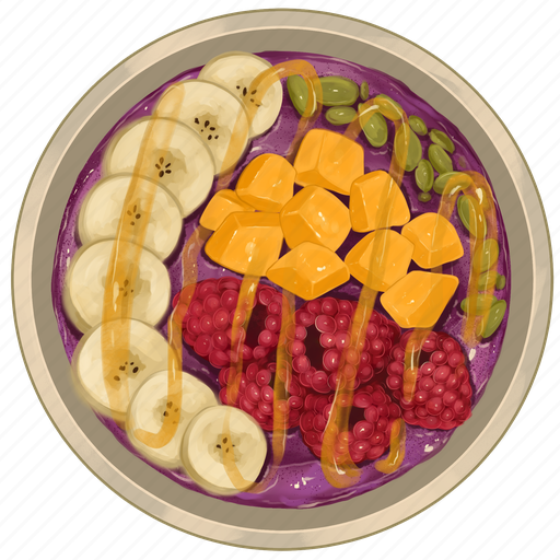 Smoothie bowl, purple acai bowl, banana slices, raspberries, ripe mango, pumpkin seeds, acai bowl icon - Download on Iconfinder