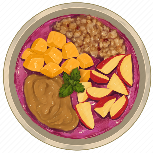 Smoothie bowl, raspberry acai bowl, granola, apple slices, ripe mango, peanut butter, acai bowl icon - Download on Iconfinder