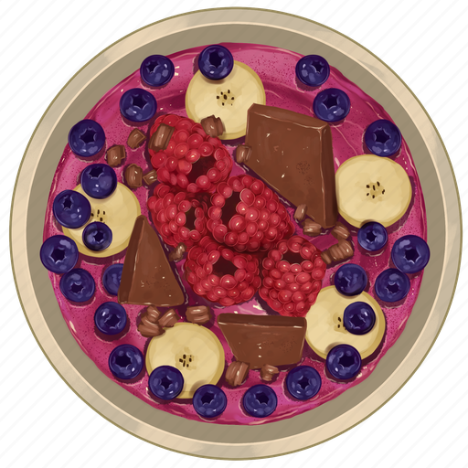 Smoothie bowl, raspberry acai bowl, raspberries, banana slices, blueberries, chocolate, acai bowl icon - Download on Iconfinder