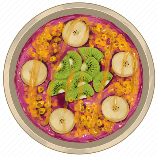 Smoothie bowl, raspberry acai bowl, passion fruit, kiwi slices, banana slices, acai bowl, breakfast icon - Download on Iconfinder