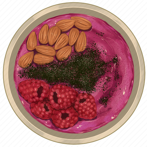Smoothie bowl, raspberry acai bowl, almonds, raspberries, chia seeds, acai bowl, breakfast icon - Download on Iconfinder