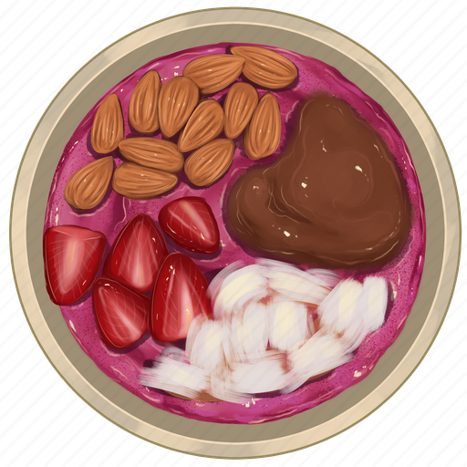 Smoothie bowl, raspberry acai bowl, almonds, strawberry slices, coconut, chocolate, acai bowl icon - Download on Iconfinder