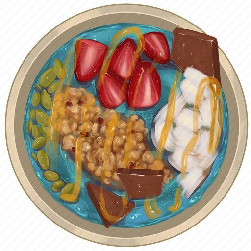 Smoothie bowl, blue acai bowl, chocolate, strawberry slices, pumpkin seeds, granola, acai bowl icon - Download on Iconfinder