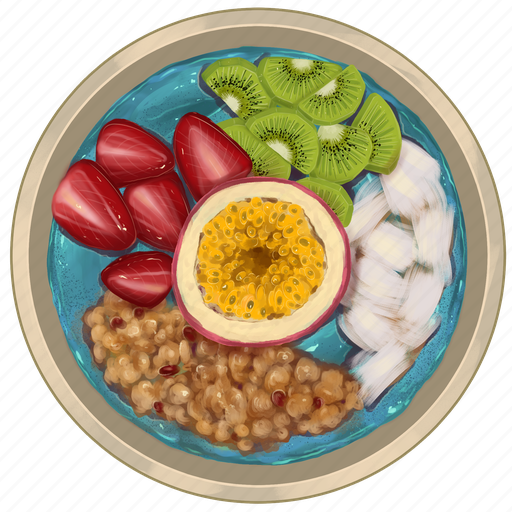 Smoothie bowl, blue acai bowl, coconut, granola, strawberry slices, passion fruit, acai bowl icon - Download on Iconfinder