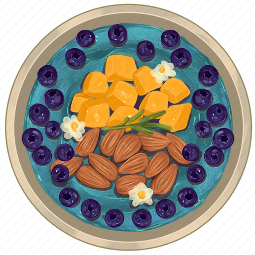 Smoothie bowl, blue acai bowl, ripe mango, blueberries, almonds, acai bowl, breakfast icon - Download on Iconfinder