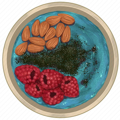 Smoothie bowl, blue acai bowl, almonds, raspberries, chia seeds, acai bowl, breakfast icon - Download on Iconfinder