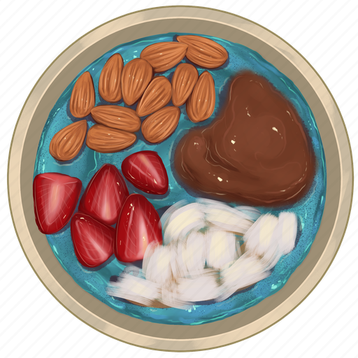 Smoothie bowl, blue acai bowl, almonds, strawberry slices, coconut, chocolat acai bowl, breakfast icon - Download on Iconfinder