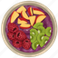 smoothie bowl, purple acai bowl, raspberries, kiwi slices, apple slices, acai bowl, food 