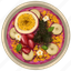 smoothie bowl, purple acai bowl, chia seeds, banana slices, strawberry slices, passion fruit, acai bowl 