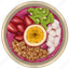 smoothie bowl, raspberry acai bowl, coconut, kiwi slices, granola, strawberry slices, acai bowl 