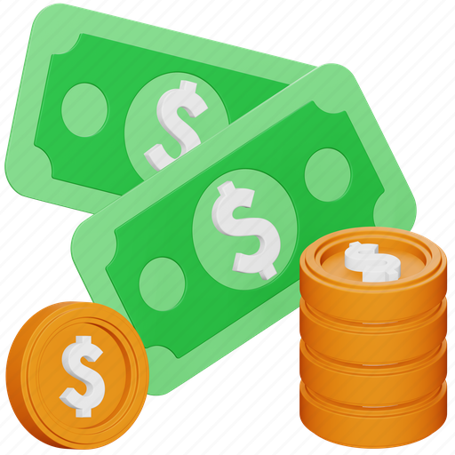Cash, money, accounting, dollar, trade, coins, finance 3D illustration - Download on Iconfinder