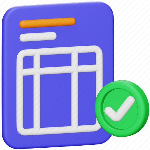 Spreadsheet, accounting, document, file, paper, check, page 3D illustration - Download on Iconfinder