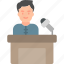 press, conference, microphone, politics, speaker, stand, table, icon 