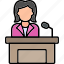 speech, businesswoman, podium, politician, politics, woman, icon 
