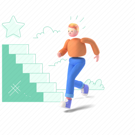 Achievements, character, builder, 3d, people, man, stairs 3D illustration - Download on Iconfinder