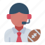commentator, entertainment, headphone, worker, profession, avatar, rugby, sport, american football 