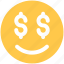 dollar, emoji, emoticon, happy, money, smile icon 