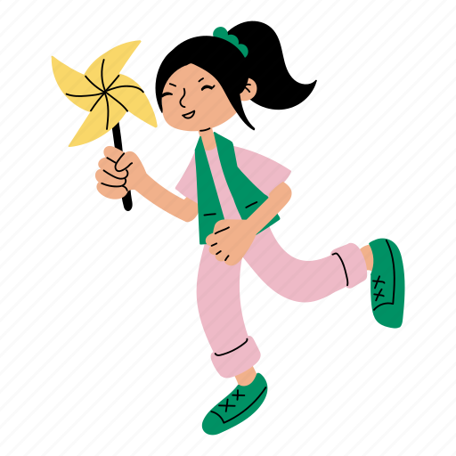 Girl, pinwheel, kid, holding, running, amusement park, festival illustration - Download on Iconfinder
