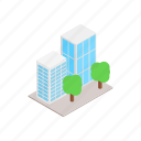 architecture, building, business, glass, isometric, office, tree
