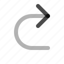 curved, right, arrow, navigation, next, map
