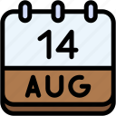 calendar, august, fourteen, date, monthly, time, and, month, schedule