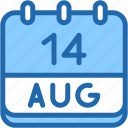 calendar, august, fourteen, date, monthly, time, and, month, schedule