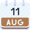 calendar, august, eleven, date, monthly, time, and, month, schedule