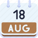 calendar, august, eighteen, date, monthly, time, and, month, schedule